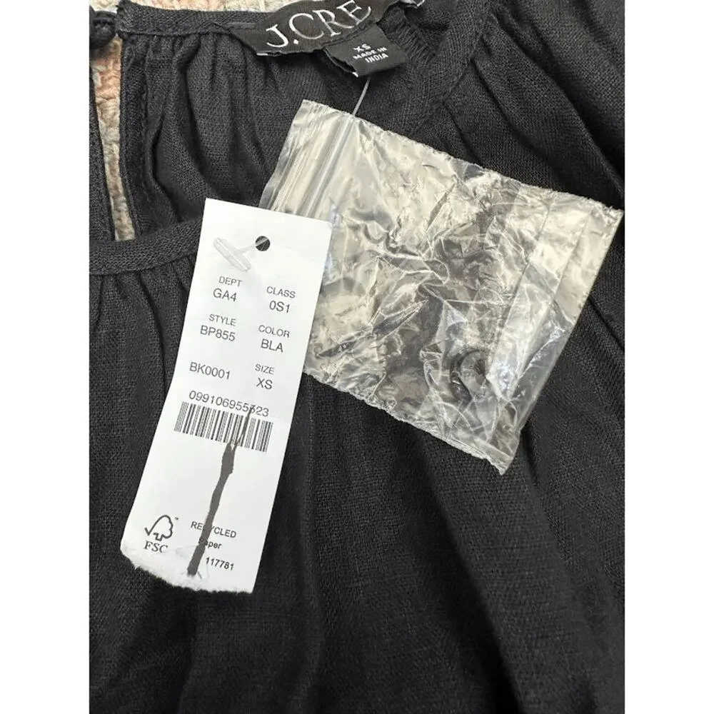 J.Crew Palmero Black Linen Smocked Waist Mini Dress NWT XS